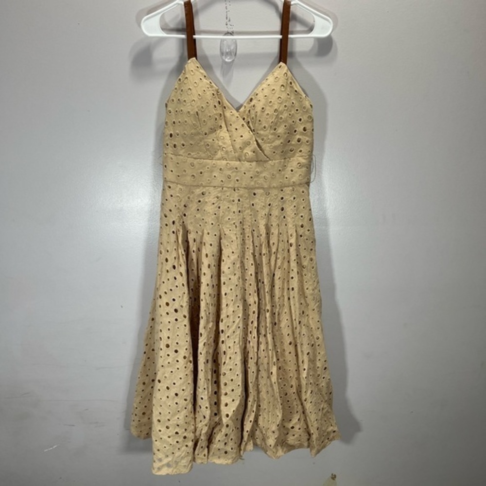Venus Women’s Bohemian Cottagecore Style Beige Eyelet V Neck Fit And Flare Dress - Picture 2 of 12